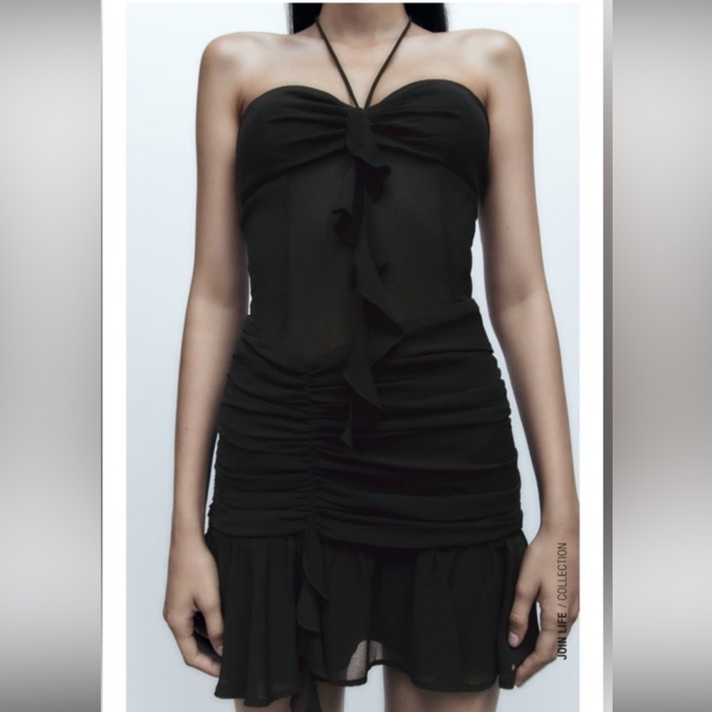 Zara Ruffle Draped Black Mini Dress